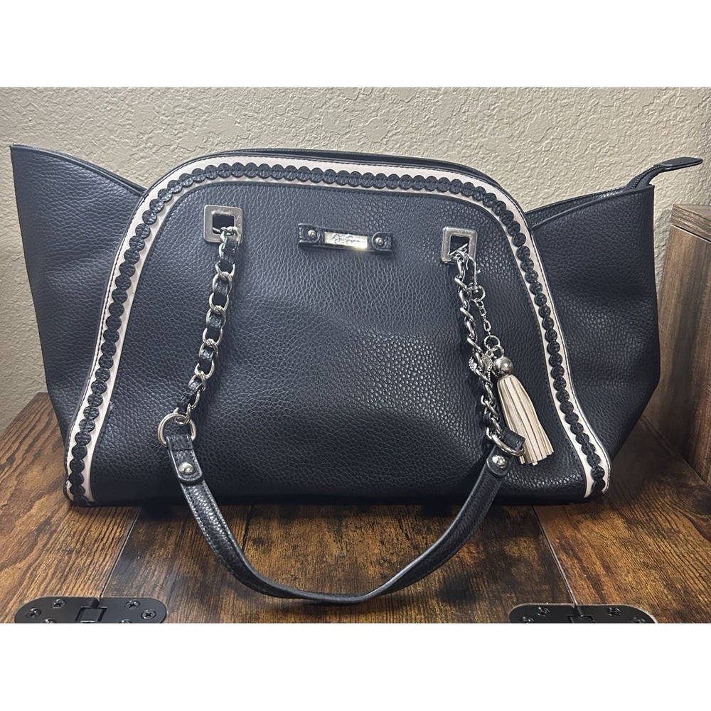 Jessica Simpson Large Black Shoulder Bag Zip Chain Tassel Charm Faux Leather
